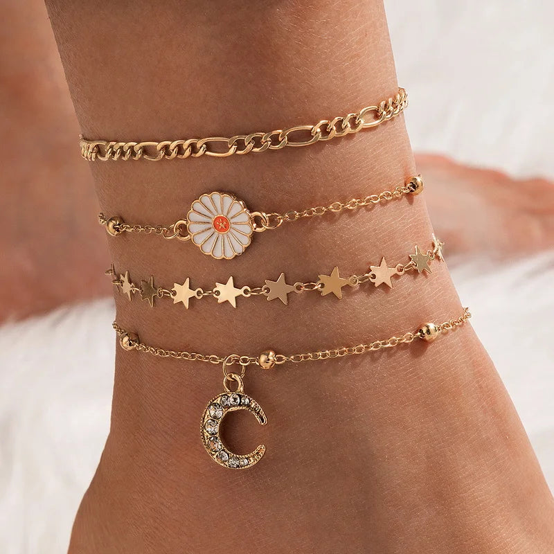 Bohemian Colorful Turkish Eyes Anklets for Women Butterfly Flower Zircon Shell Cat Ankle Bracelet Summer Beach Foot Leg Jewelry