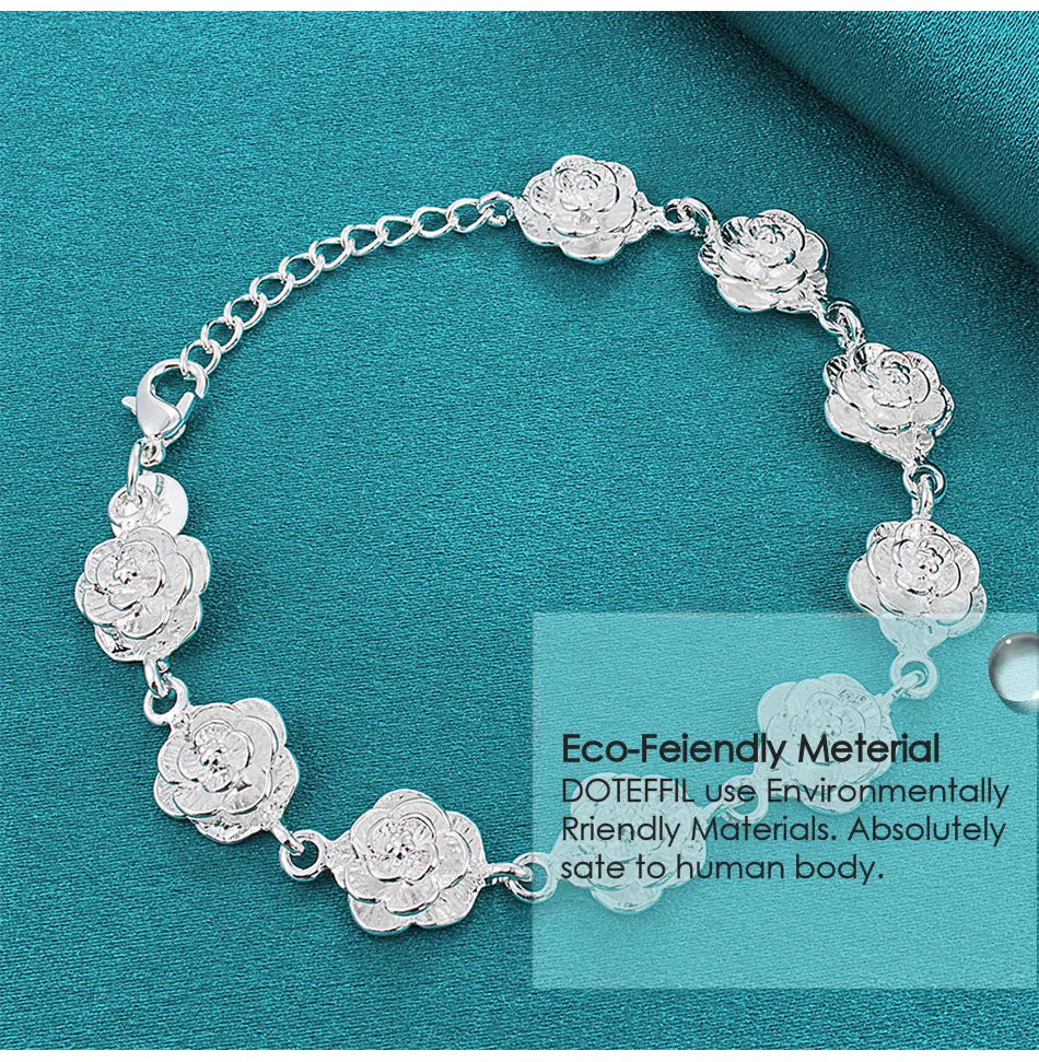 925 Sterling Silver Full Rose Flower Chain Bracelet For Women Wedding Engagement Party Fashion Charm Jewelry