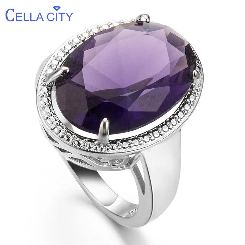 Cellacity Classic Silver 925 Jewelry Amethyst Silver Rings For Women With Oval Shaped Gemstones Engagement Female Gift Wholesale