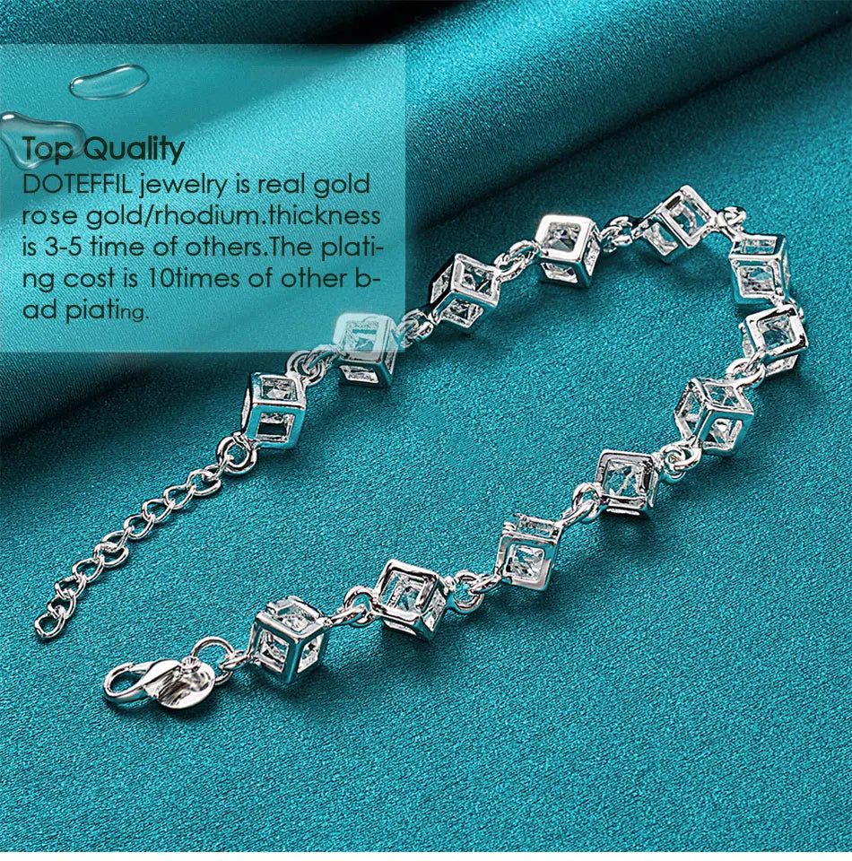 925 Sterling Silver Square Zircon Chain Bracelet For Women Wedding Engagement Party Fashion Jewelry