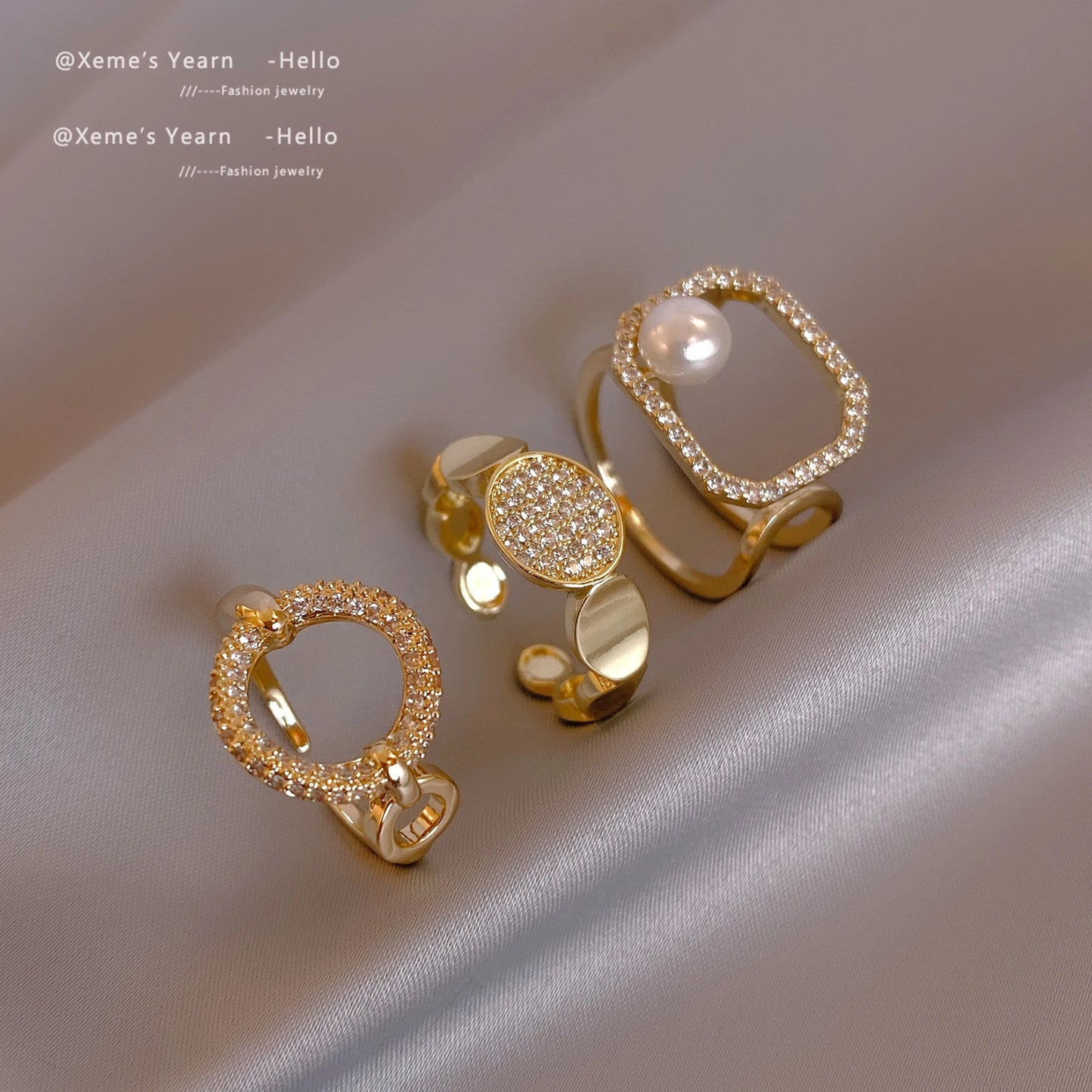 New Classic Geometric Round Square Adjustable Gold Color Rings Korean Fashion Jewelry For Woman Girls Party Set Accessories