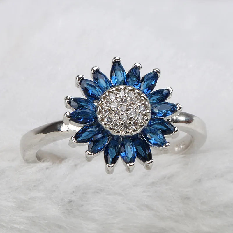 Cellacity Trendy Silver 925 Ring for Women Gemstones Fine Jewelry Sunflower Sapphire Zircon Blue Female Dating Ring Korean Style