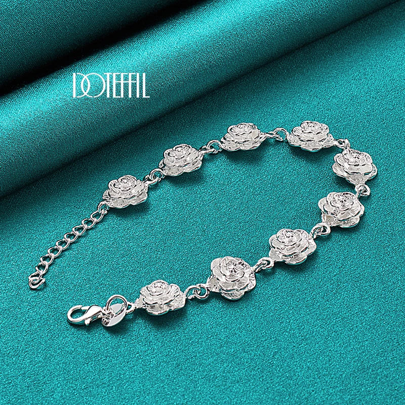 925 Sterling Silver Full Rose Flower Chain Bracelet For Women Wedding Engagement Party Fashion Charm Jewelry