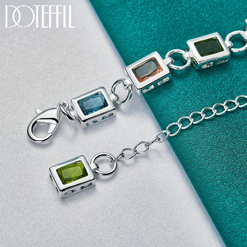 925 Sterling Silver Square inlaid With Multi-color Zircon Bracelet Chain For Woman Engagement Party Wedding Jewelry