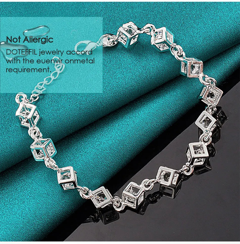 925 Sterling Silver Square Zircon Chain Bracelet For Women Wedding Engagement Party Fashion Jewelry