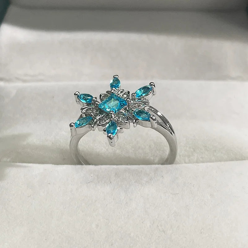 Cellacity Aquamarine Silver 925 Jewelry Ring for Charm Women Flower Snowflake Blue Gemstones Anniversary Wedding Rings Gifts