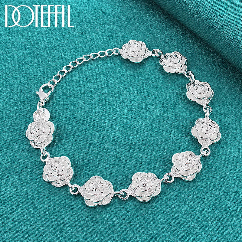 925 Sterling Silver Full Rose Flower Chain Bracelet For Women Wedding Engagement Party Fashion Charm Jewelry