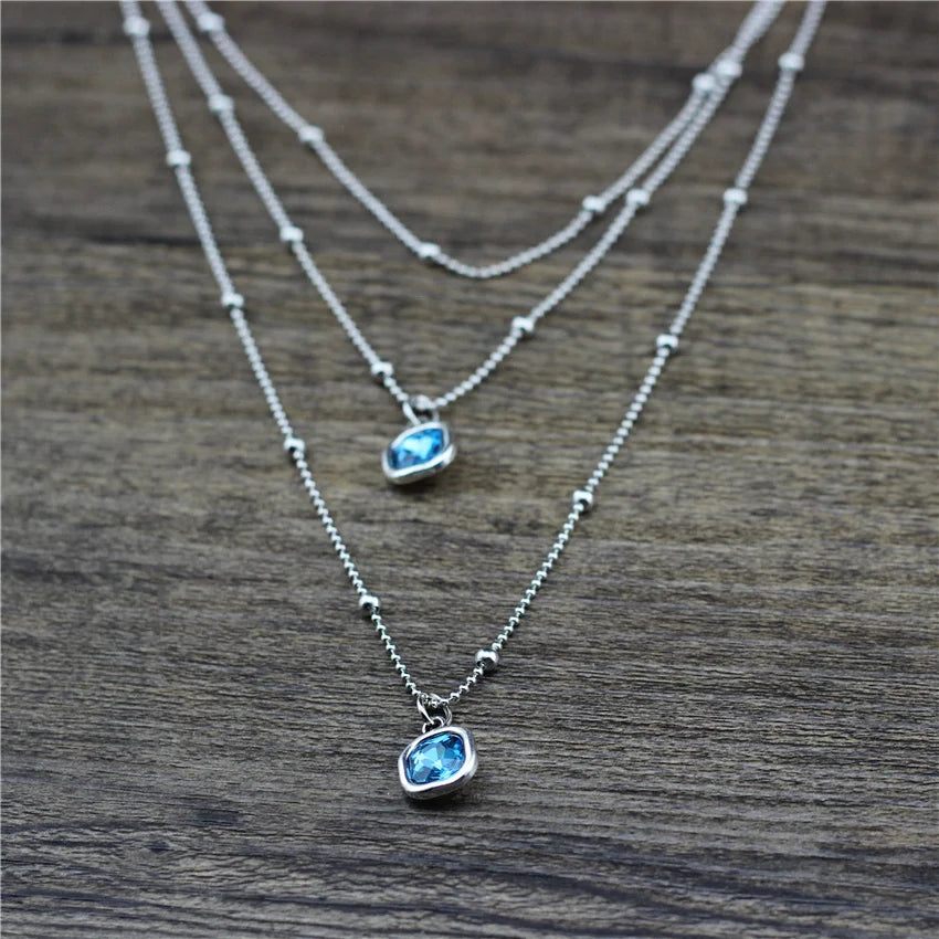 New Design Silver Color Beads Chain Long Necklace Women Multilayer Square Crystal Pendant Choker Jewelry Girls