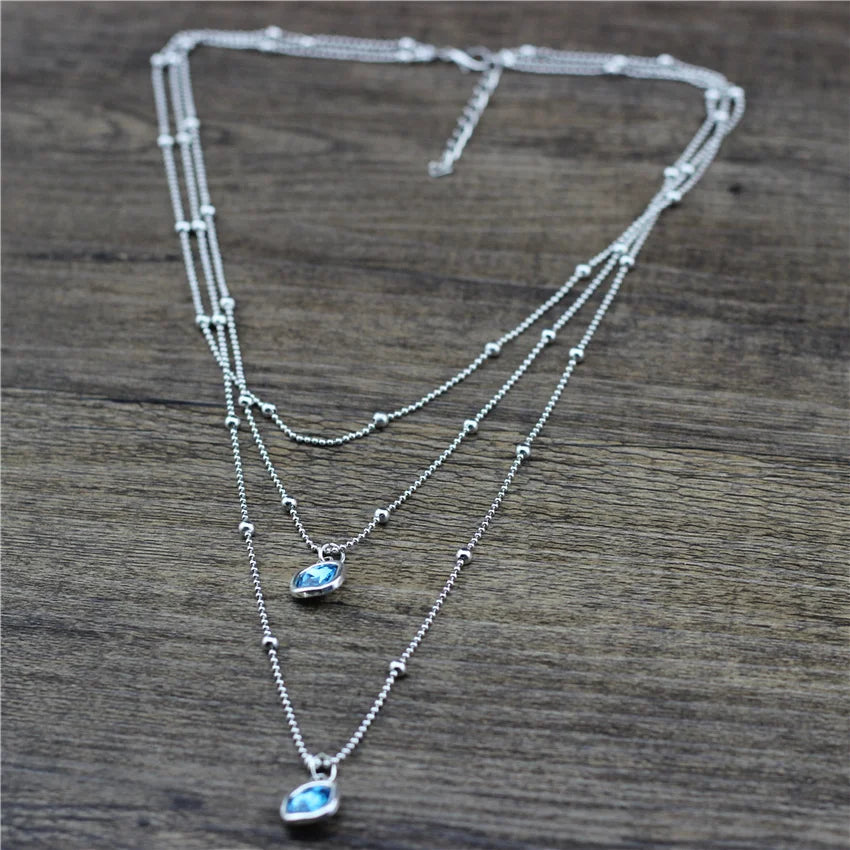 New Design Silver Color Beads Chain Long Necklace Women Multilayer Square Crystal Pendant Choker Jewelry Girls