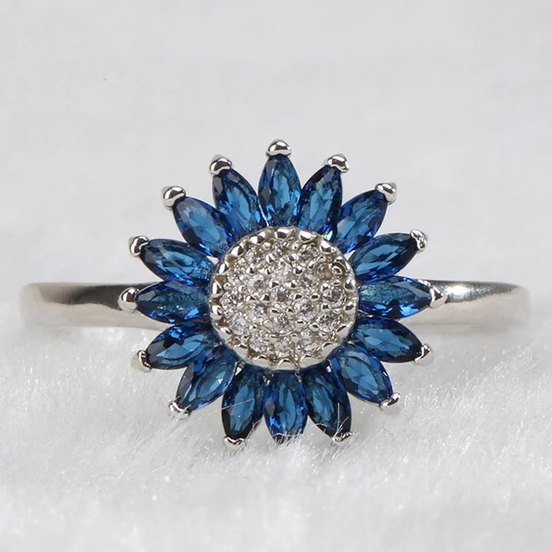 Cellacity Trendy Silver 925 Ring for Women Gemstones Fine Jewelry Sunflower Sapphire Zircon Blue Female Dating Ring Korean Style