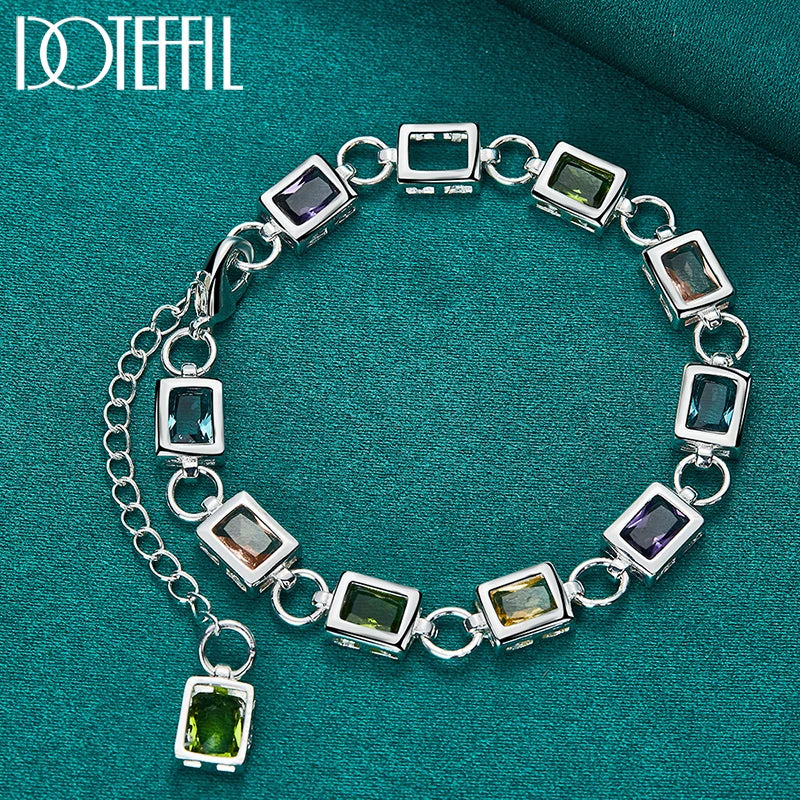 925 Sterling Silver Square inlaid With Multi-color Zircon Bracelet Chain For Woman Engagement Party Wedding Jewelry