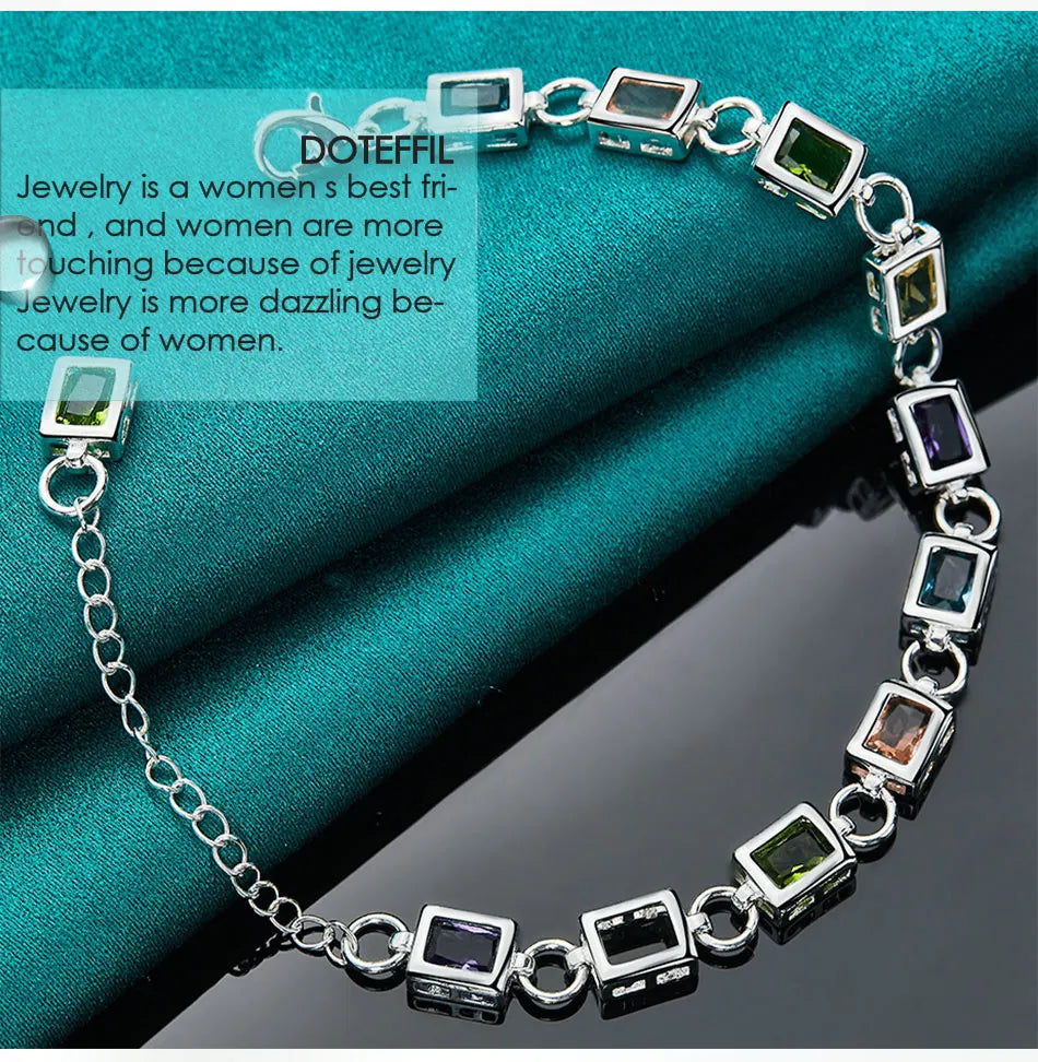 925 Sterling Silver Square inlaid With Multi-color Zircon Bracelet Chain For Woman Engagement Party Wedding Jewelry