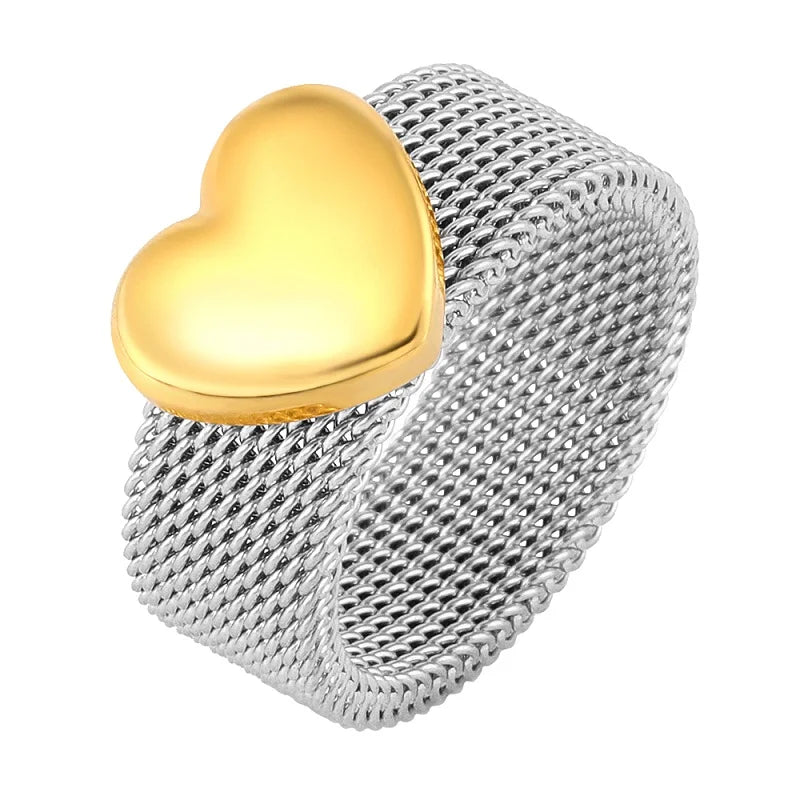 Fashion Love Heart Mesh Rings Charm Reticulate Shiny Stainless Steel Round OL Finger Ring For Women Wedding Party Jewelry