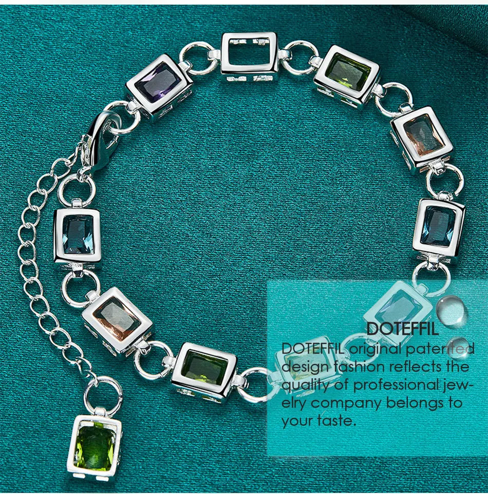 925 Sterling Silver Square inlaid With Multi-color Zircon Bracelet Chain For Woman Engagement Party Wedding Jewelry