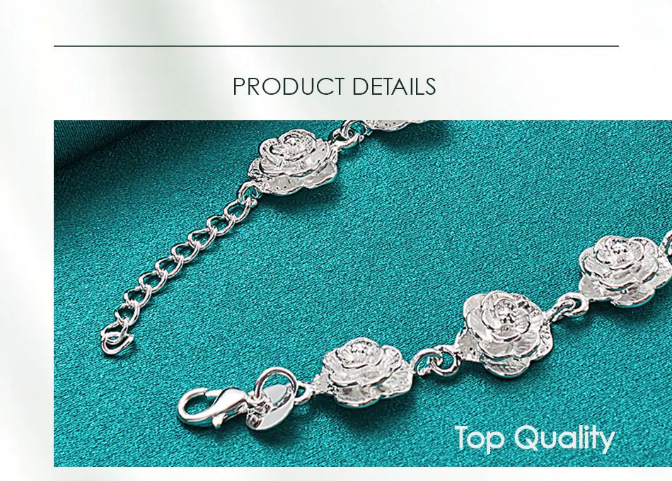 925 Sterling Silver Full Rose Flower Chain Bracelet For Women Wedding Engagement Party Fashion Charm Jewelry