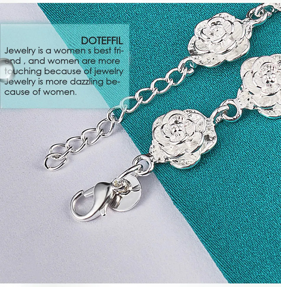 925 Sterling Silver Full Rose Flower Chain Bracelet For Women Wedding Engagement Party Fashion Charm Jewelry