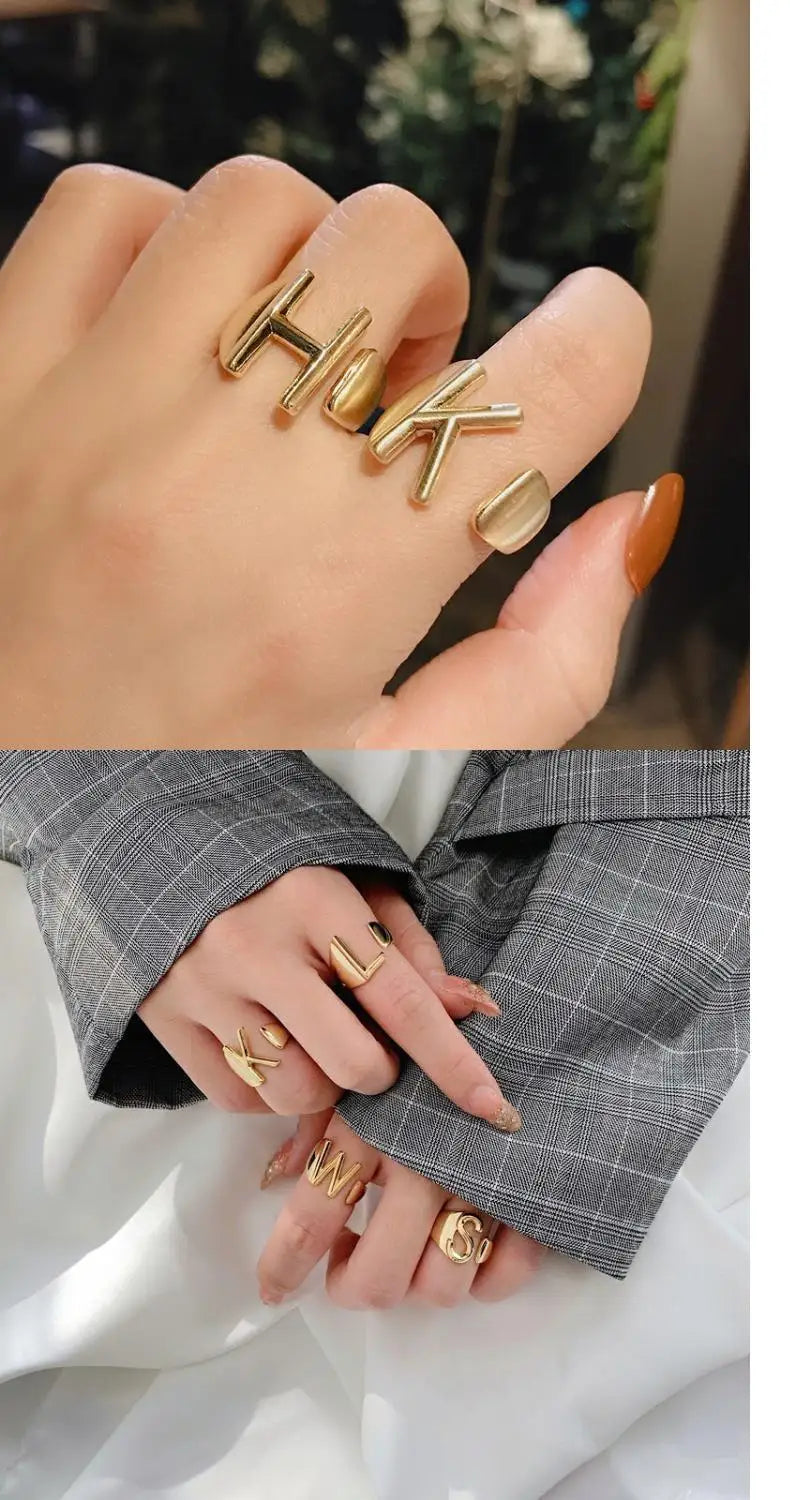 Neo Goth European and American Exaggerated Metal Letter Gold Color Rings For Woman Korean Fashion Jewelry Girl's Set Accessories