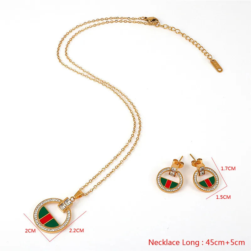 Luxury Full Crytals Pendant Necklace Earrings Sets Stainless Steel Collar Clavicle Necklaces for Women Collier Fashion Jewelry