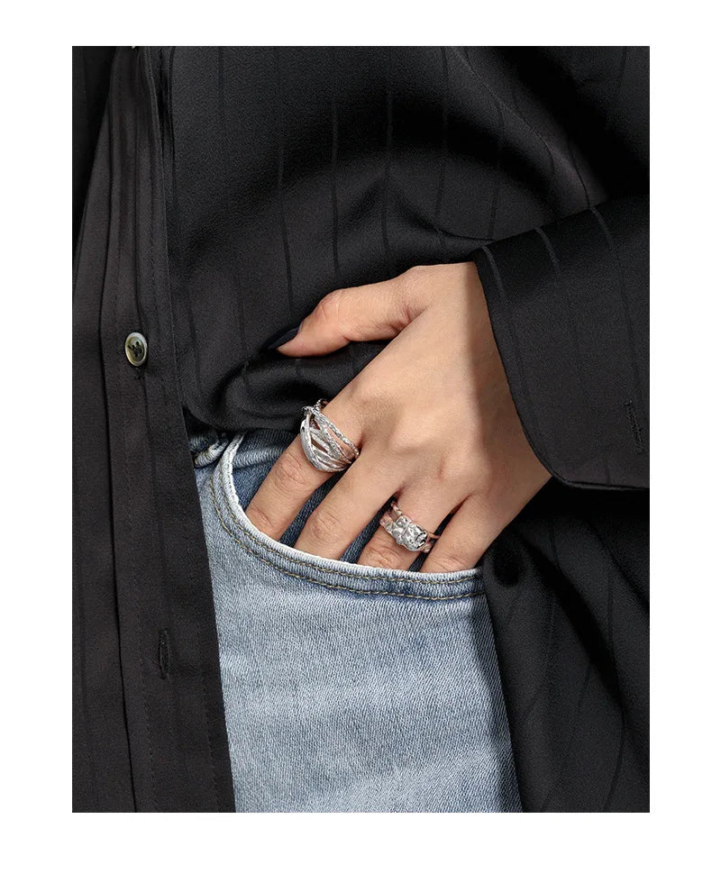 F.I.N.S Multi-Layered Thick Lines S925 Sterling Silver Open Ring Winding Wide Irregular Adjustable Finger Rings for Women Men