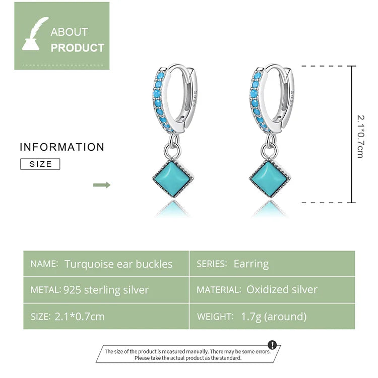 Vintage 925 Sterling Silver Ear Buckles Simple Tugquoise Pendant Drop Earrings for Women Fine Jewelry Beach Party Gift