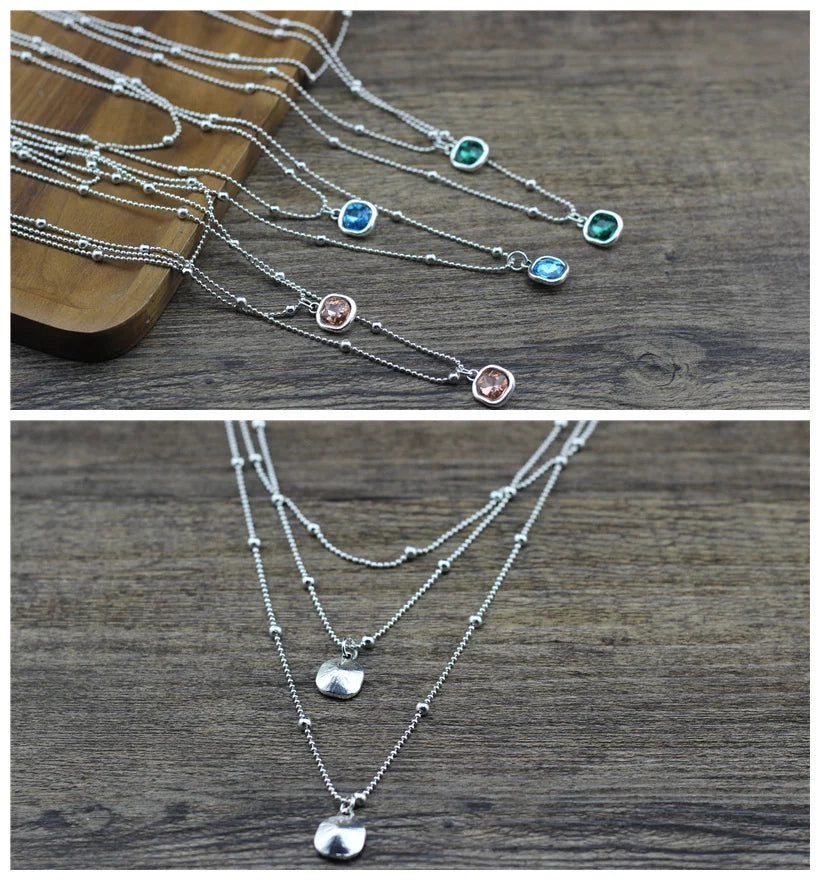 New Design Silver Color Beads Chain Long Necklace Women Multilayer Square Crystal Pendant Choker Jewelry Girls