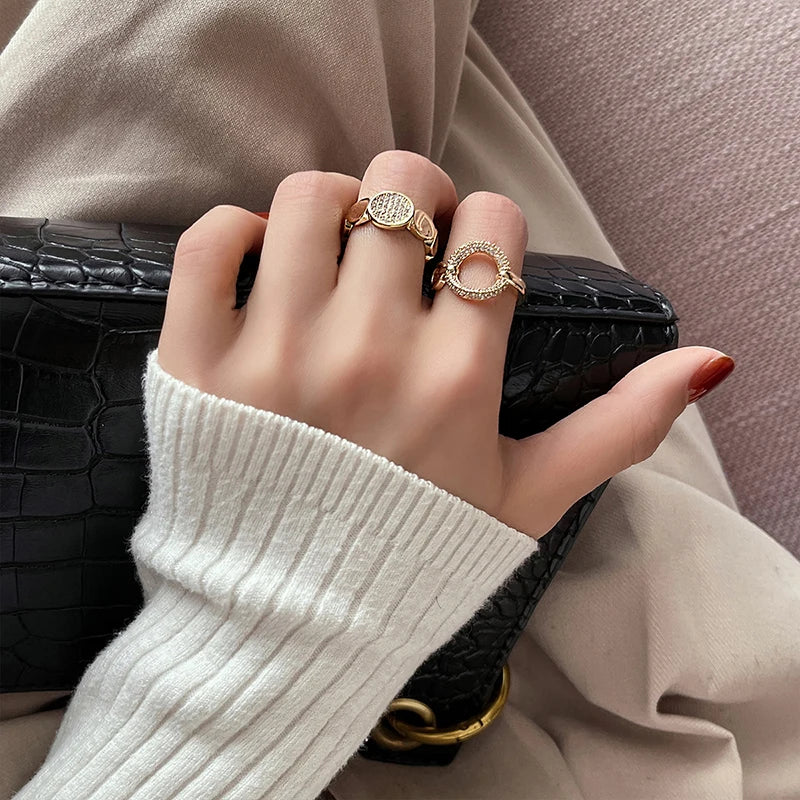 New Classic Geometric Round Square Adjustable Gold Color Rings Korean Fashion Jewelry For Woman Girls Party Set Accessories