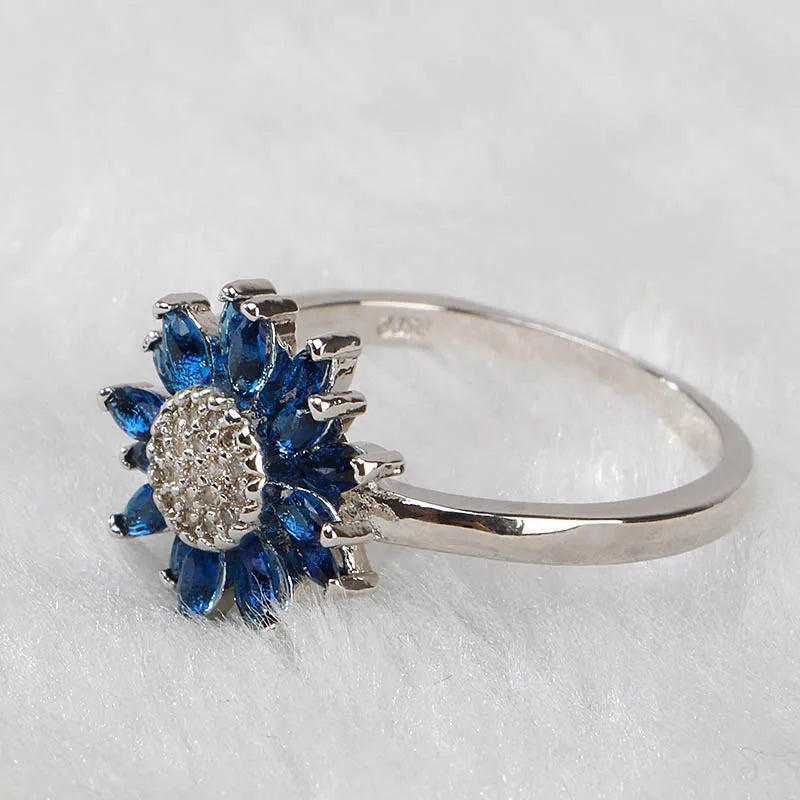 Cellacity Trendy Silver 925 Ring for Women Gemstones Fine Jewelry Sunflower Sapphire Zircon Blue Female Dating Ring Korean Style