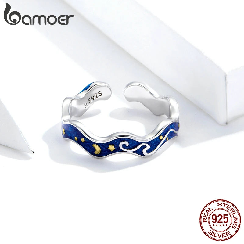 Sterling Silver 925 Lover Rings for Couple Blue Starry Sky of Van Gogh Open Finger Ring Design Jewelry Accessories