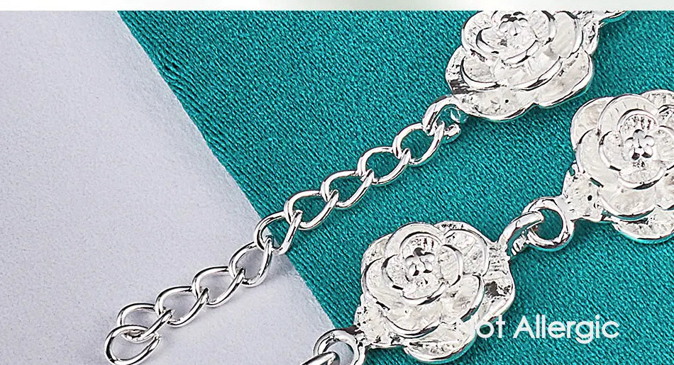 925 Sterling Silver Full Rose Flower Chain Bracelet For Women Wedding Engagement Party Fashion Charm Jewelry