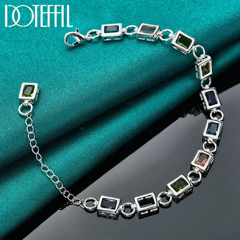 925 Sterling Silver Square inlaid With Multi-color Zircon Bracelet Chain For Woman Engagement Party Wedding Jewelry