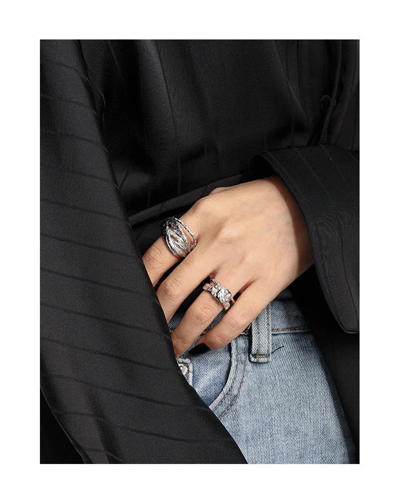 F.I.N.S Multi-Layered Thick Lines S925 Sterling Silver Open Ring Winding Wide Irregular Adjustable Finger Rings for Women Men