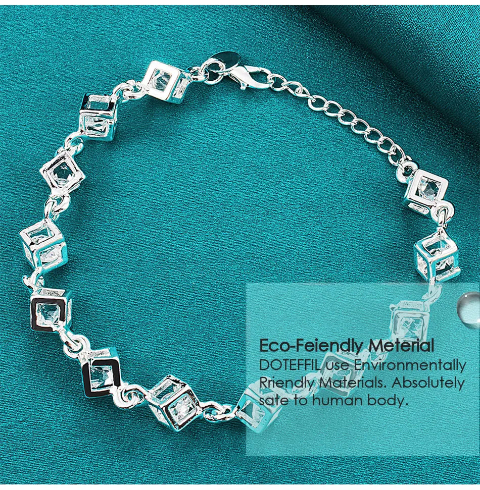 925 Sterling Silver Square Zircon Chain Bracelet For Women Wedding Engagement Party Fashion Jewelry