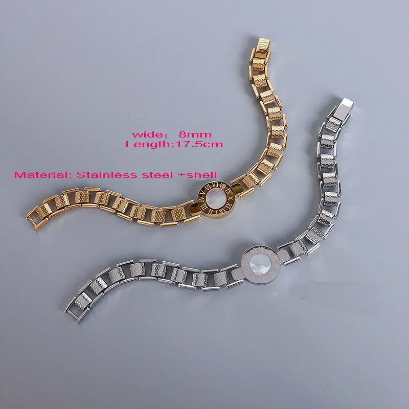 New Design Fashion Stainless Steel Link Chain Bracelets For Women Girl Gold Colour Roman Number Shell Bangle