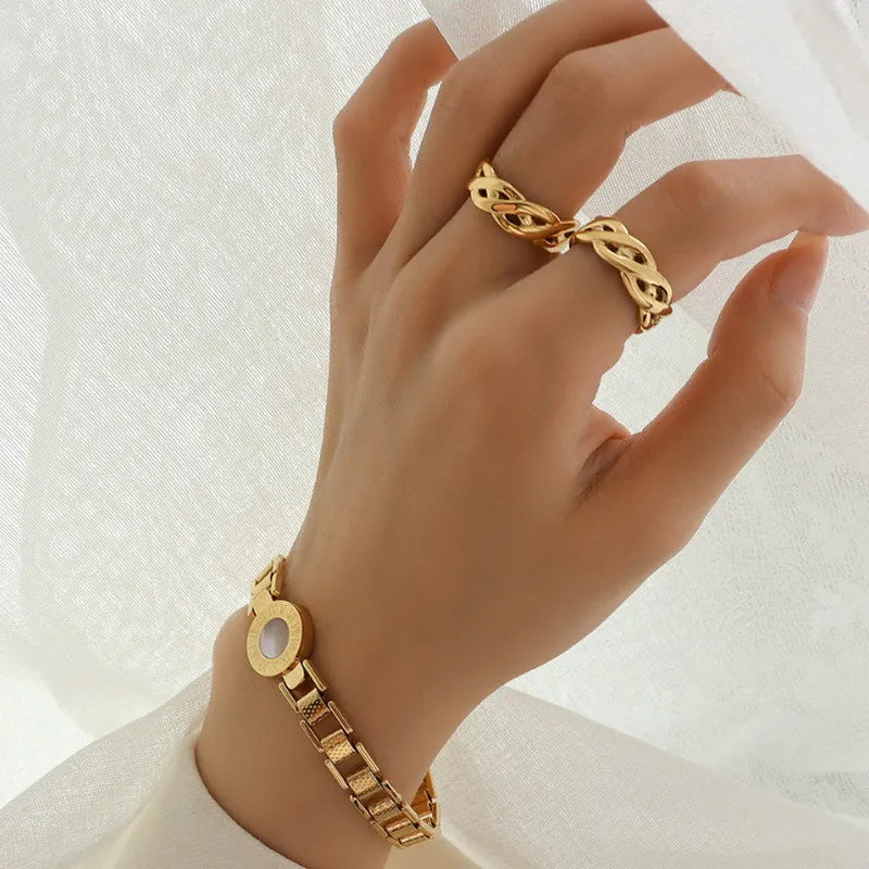 New Design Fashion Stainless Steel Link Chain Bracelets For Women Girl Gold Colour Roman Number Shell Bangle