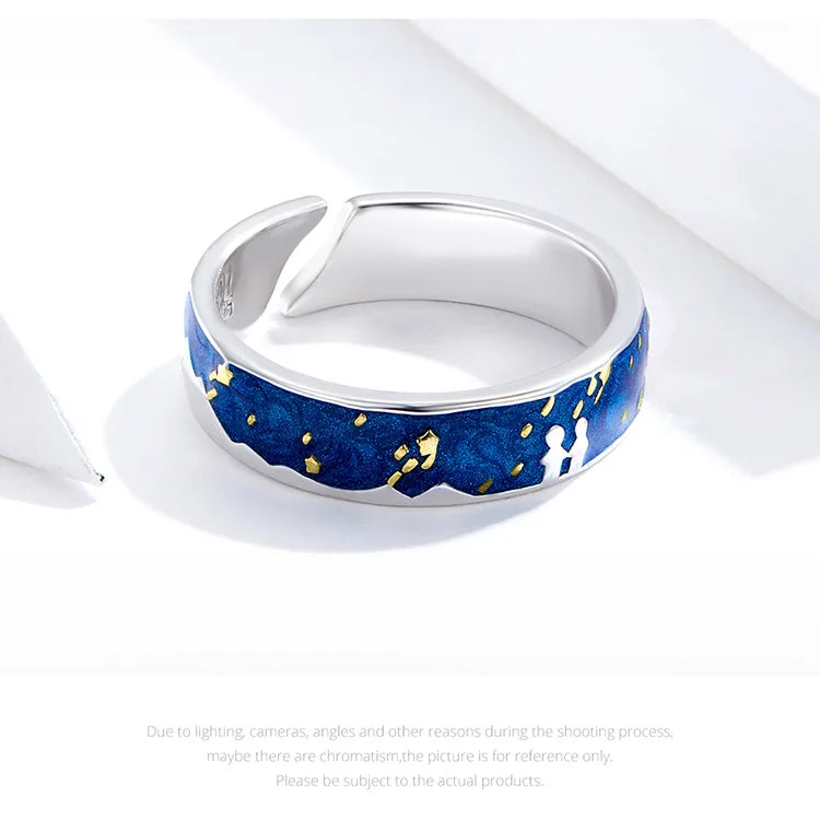 Sterling Silver 925 Lover Rings for Couple Blue Starry Sky of Van Gogh Open Finger Ring Design Jewelry Accessories