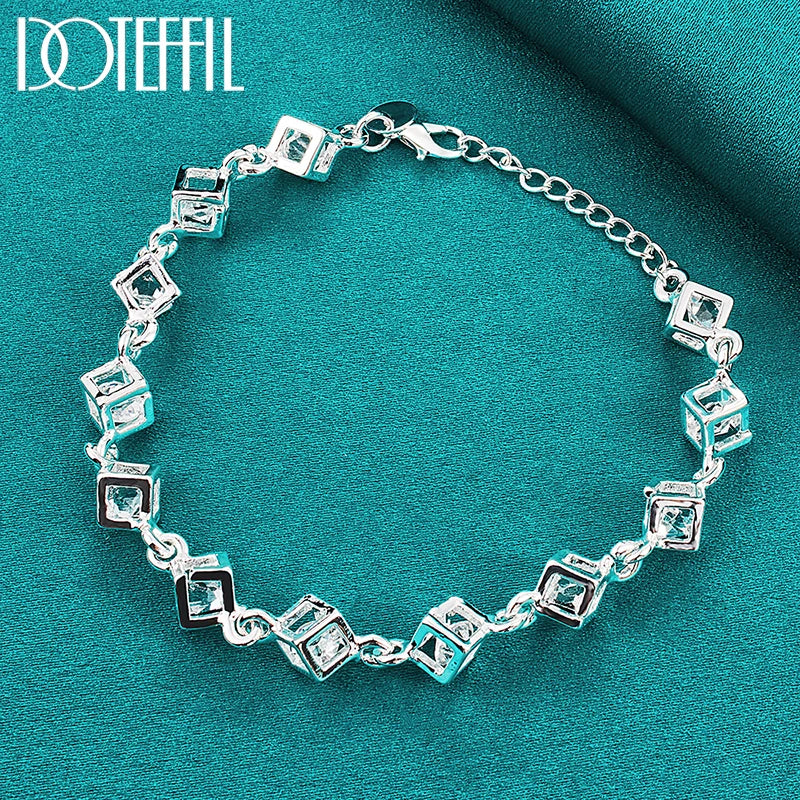 925 Sterling Silver Square Zircon Chain Bracelet For Women Wedding Engagement Party Fashion Jewelry