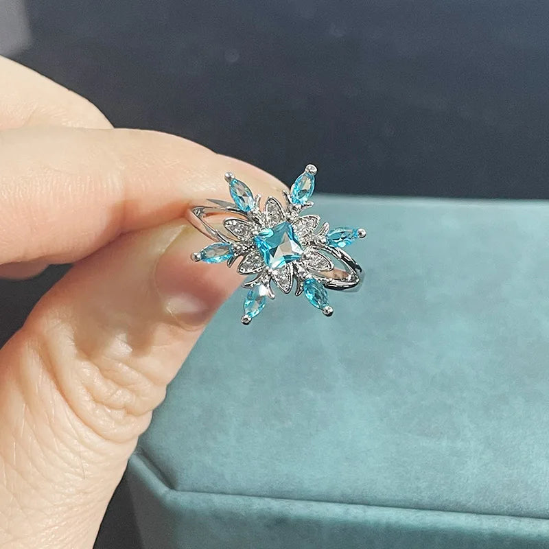 Cellacity Aquamarine Silver 925 Jewelry Ring for Charm Women Flower Snowflake Blue Gemstones Anniversary Wedding Rings Gifts