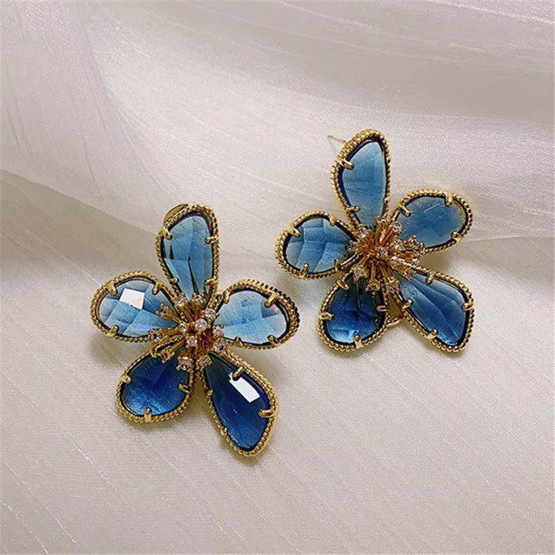 7 Colors Big Crystal Flower Ear Stud Earrings For Women Beautiful Statement Jewelry Fashion Accessories All Match