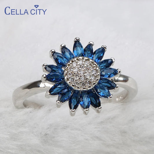 Cellacity Trendy Silver 925 Ring for Women Gemstones Fine Jewelry Sunflower Sapphire Zircon Blue Female Dating Ring Korean Style