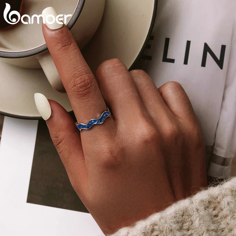 Sterling Silver 925 Lover Rings for Couple Blue Starry Sky of Van Gogh Open Finger Ring Design Jewelry Accessories