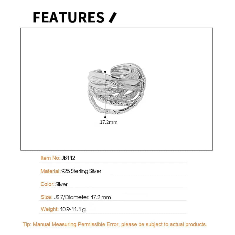 F.I.N.S Multi-Layered Thick Lines S925 Sterling Silver Open Ring Winding Wide Irregular Adjustable Finger Rings for Women Men