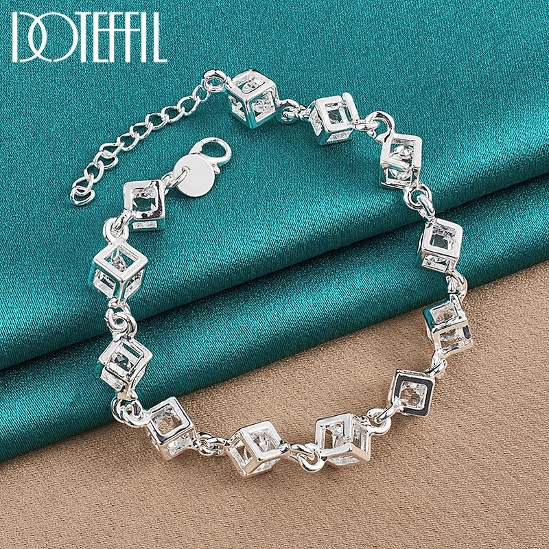 925 Sterling Silver Square Zircon Chain Bracelet For Women Wedding Engagement Party Fashion Jewelry