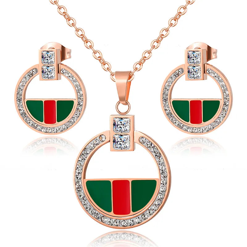 Luxury Full Crytals Pendant Necklace Earrings Sets Stainless Steel Collar Clavicle Necklaces for Women Collier Fashion Jewelry