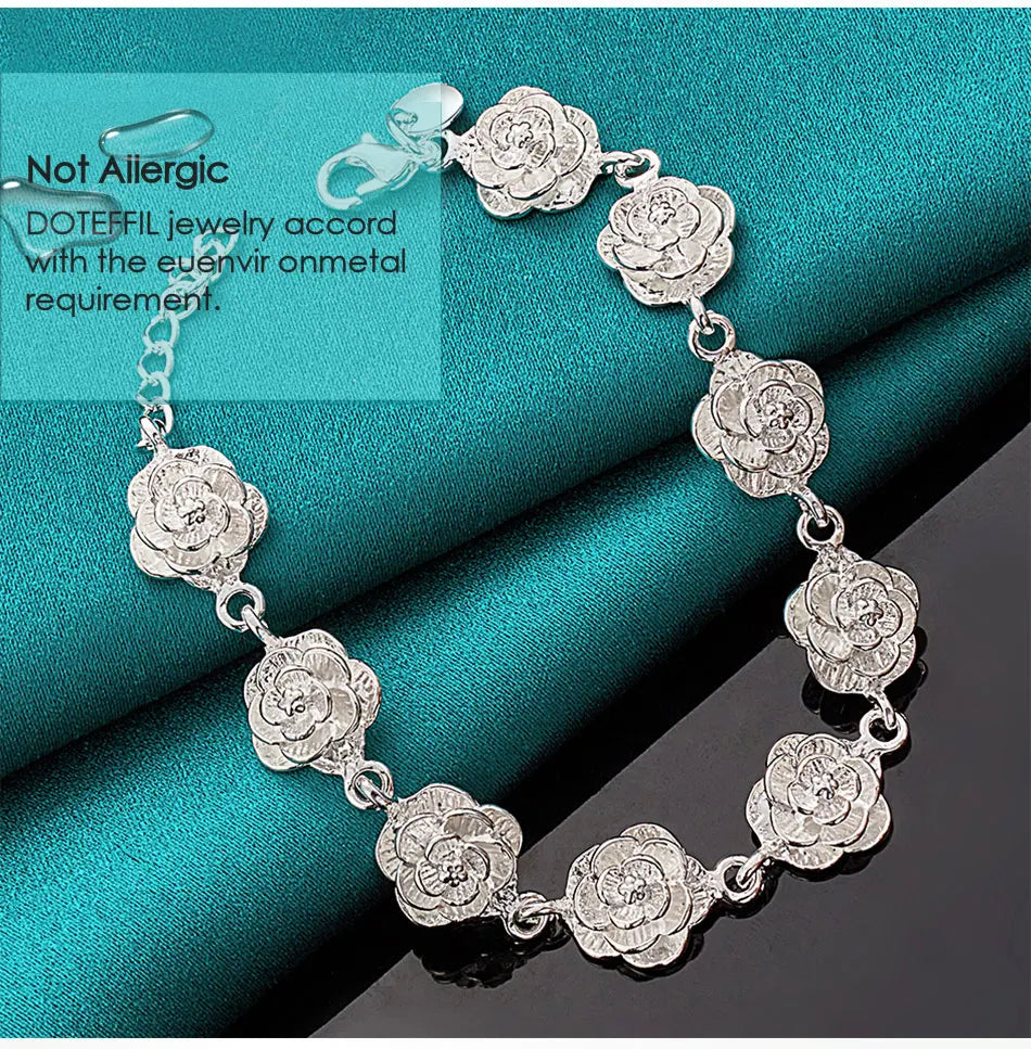 925 Sterling Silver Full Rose Flower Chain Bracelet For Women Wedding Engagement Party Fashion Charm Jewelry