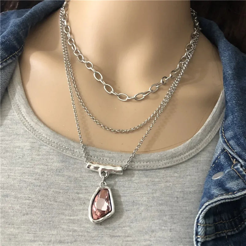 Fashion Jewelry Antique Silver Multilayer Chain Irregular Crystal Pendant Choker Necklace For Women Femme