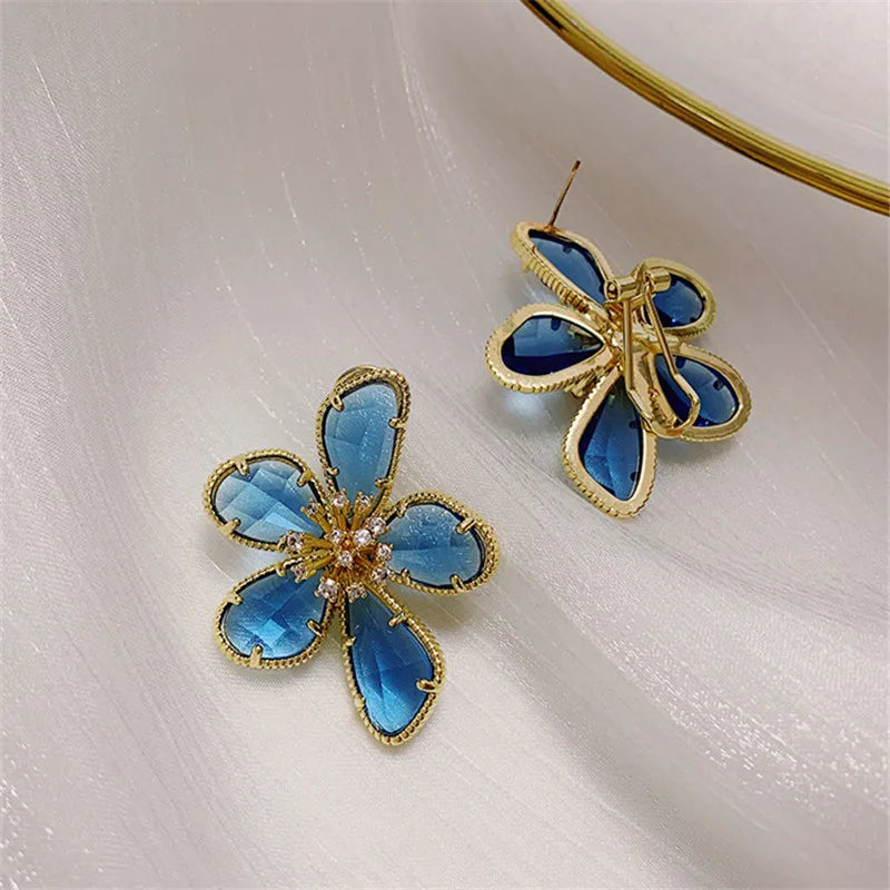 7 Colors Big Crystal Flower Ear Stud Earrings For Women Beautiful Statement Jewelry Fashion Accessories All Match