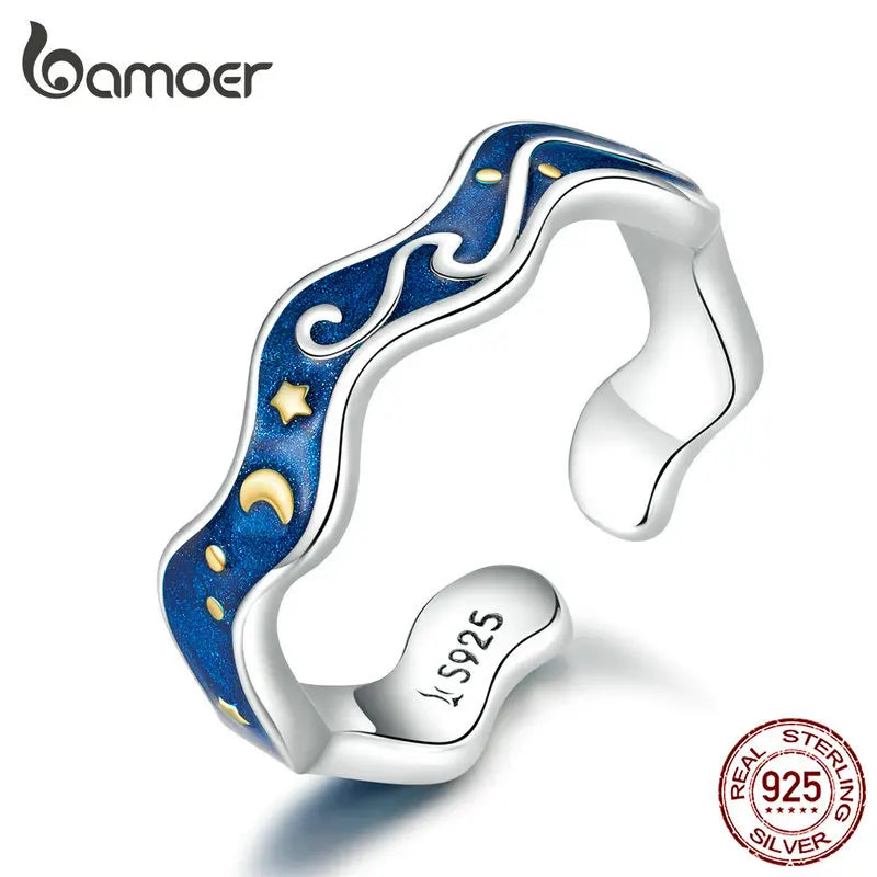 Sterling Silver 925 Lover Rings for Couple Blue Starry Sky of Van Gogh Open Finger Ring Design Jewelry Accessories