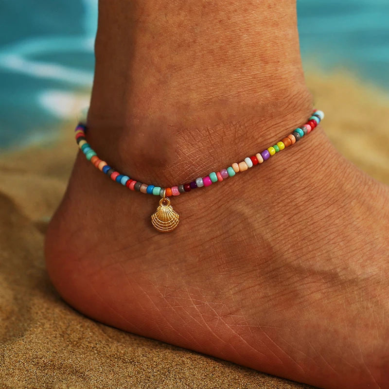 Bohemian Colorful Turkish Eyes Anklets for Women Butterfly Flower Zircon Shell Cat Ankle Bracelet Summer Beach Foot Leg Jewelry