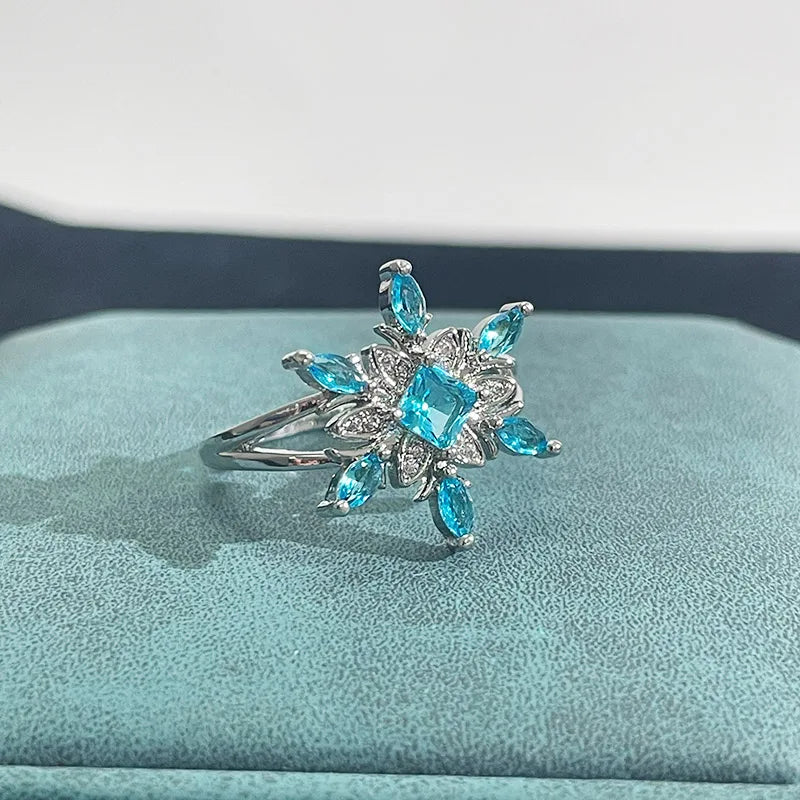 Cellacity Aquamarine Silver 925 Jewelry Ring for Charm Women Flower Snowflake Blue Gemstones Anniversary Wedding Rings Gifts