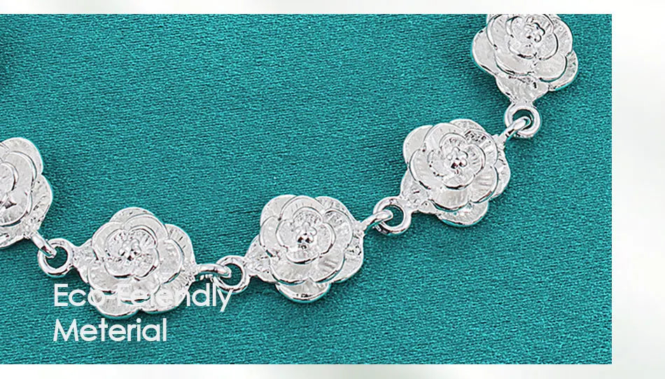 925 Sterling Silver Full Rose Flower Chain Bracelet For Women Wedding Engagement Party Fashion Charm Jewelry